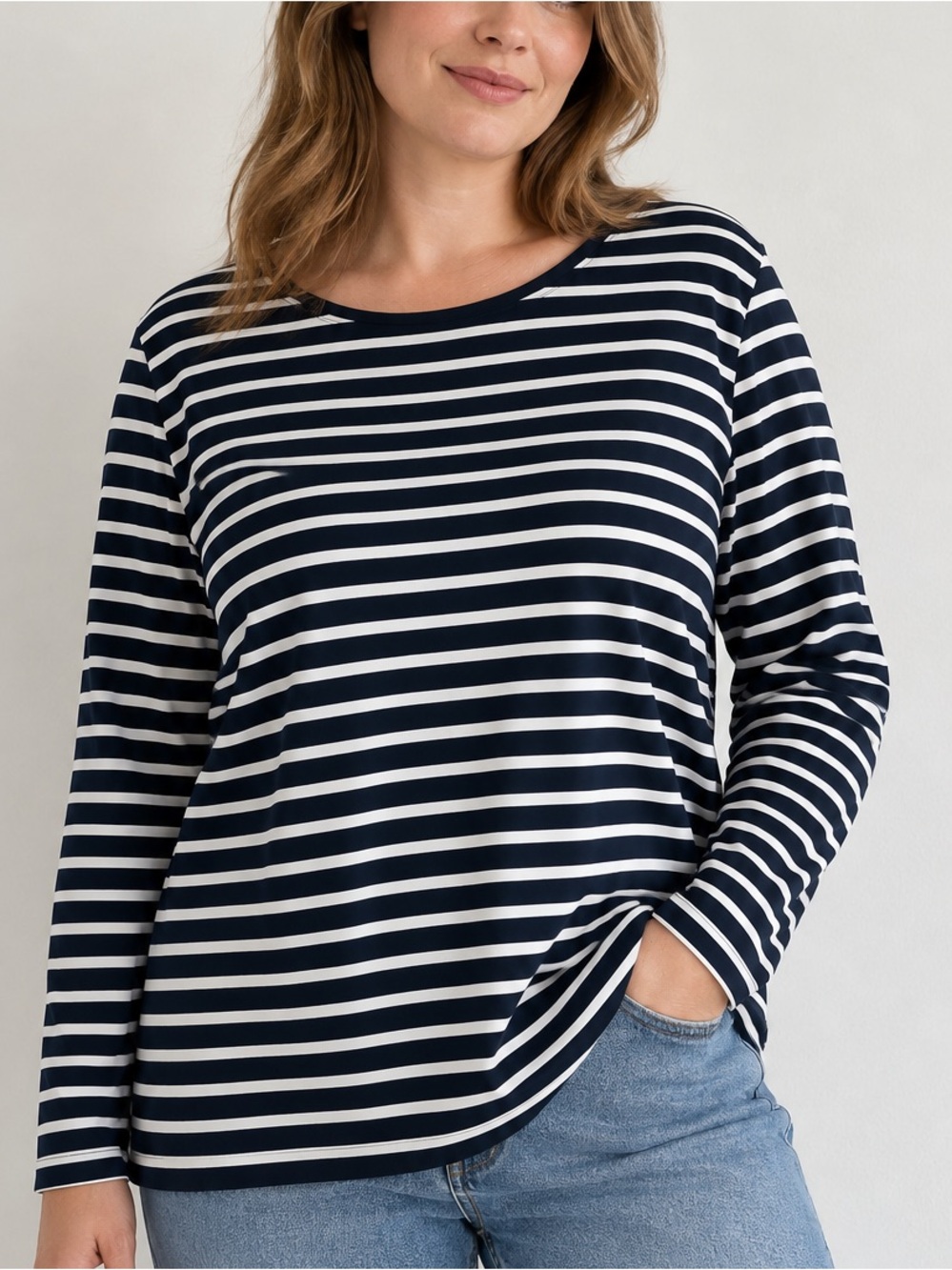 Chico’s The Ultimate Tee Size 3 XL Black White Stripe Long Sleeve Rayon Stretch